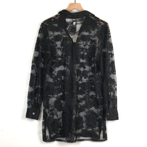 NWT CHICO'S Travelers Lace Detail Sheer Shacket Sz 1 M Black Button Shirt Jacket - Picture 2 of 8